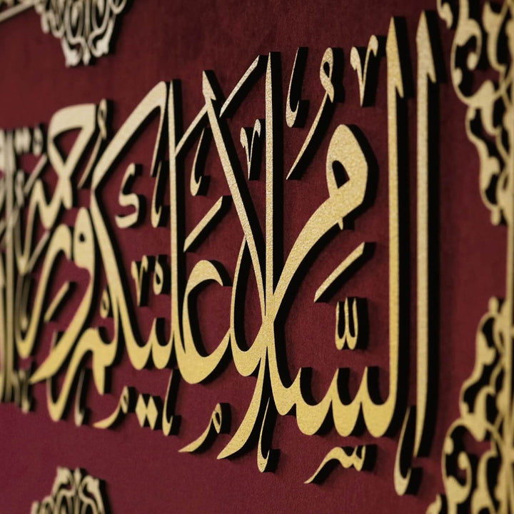 Esselamu Aleyküm ve Rahmetullahi ve Berekatuhu Ahşap İşleme Kadife Tablo