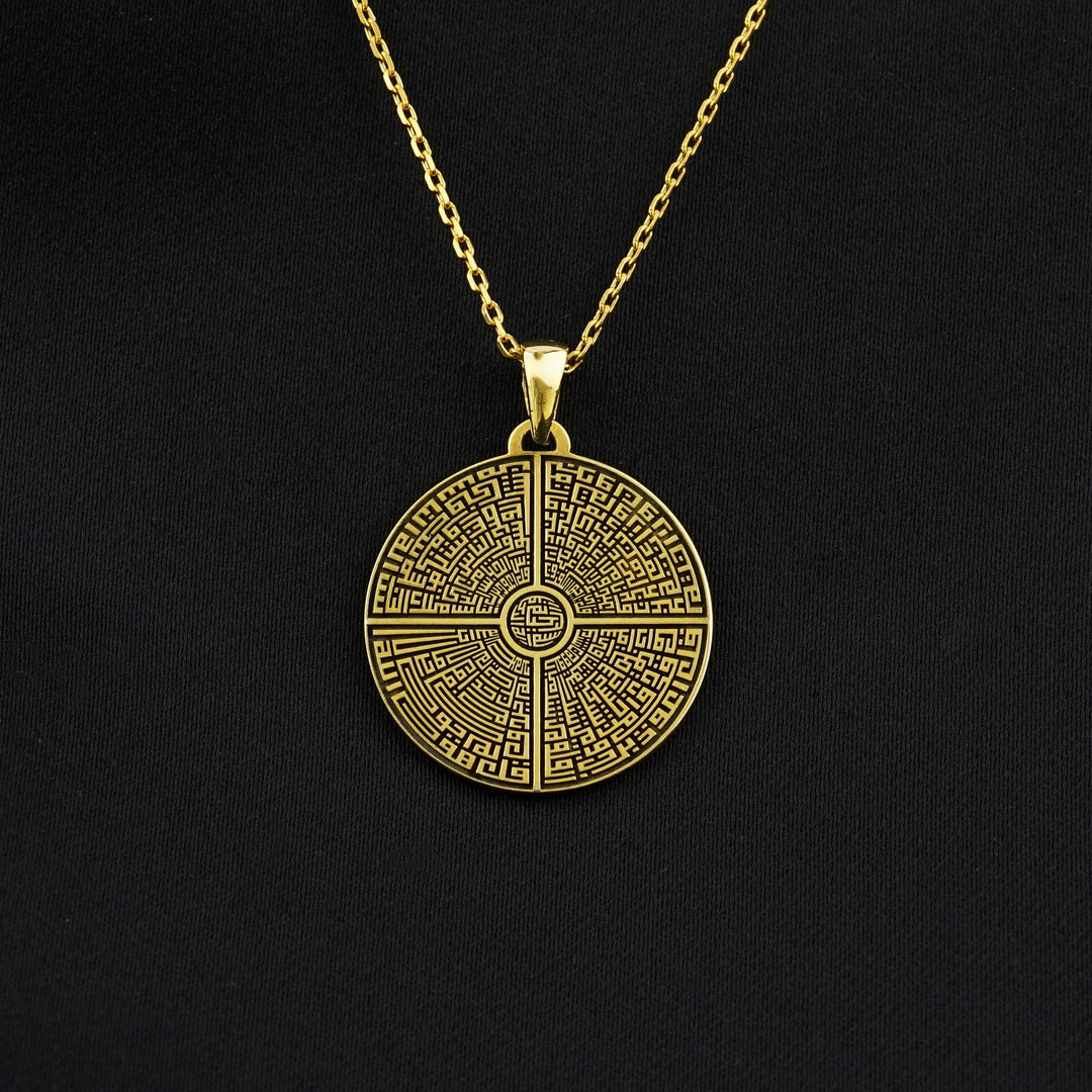 felak nas ihlas kafirun 4 kul suresi yazan kufi hatli yuvarlak altin kaplama gumus kolye islamicwallart