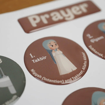 Başörtülü kız figürlü kahverengi namaz sticker, 3D kabartmalı epoksi yüzeyin yakın çekimi