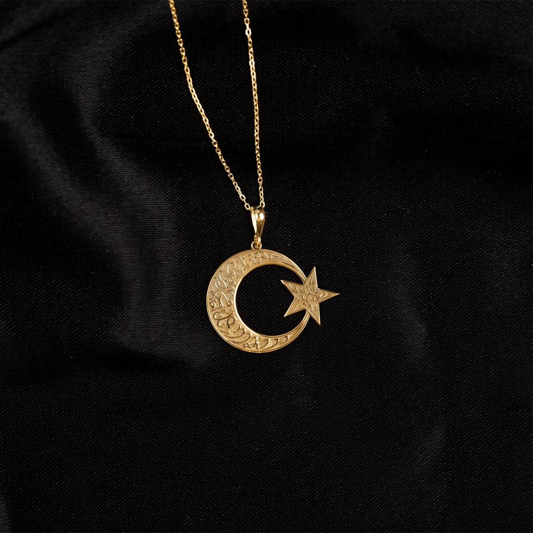 Kelime-i Tevhid ay yıldız kolye, 18 ayar altın kaplama, zincirli