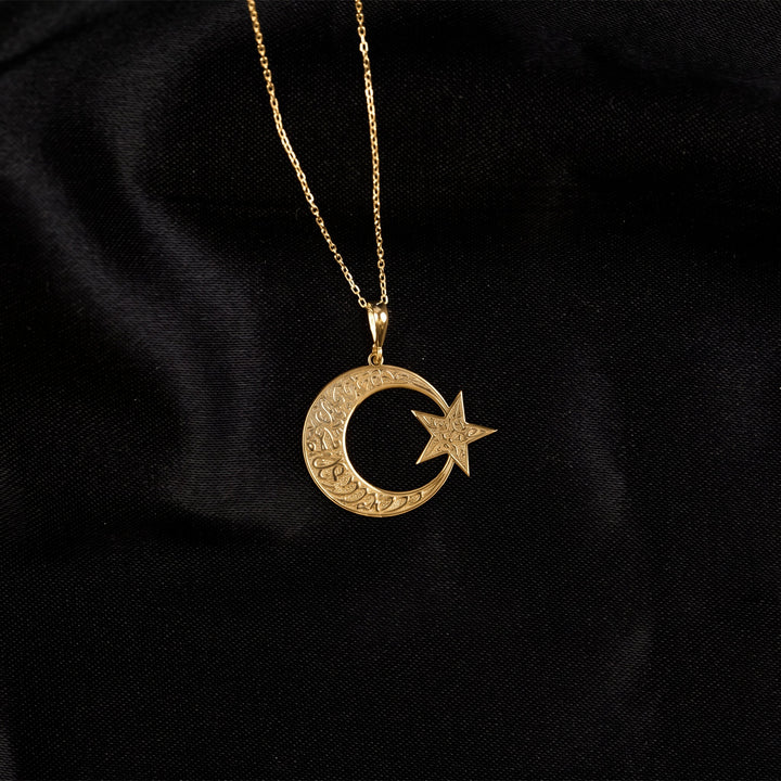 Kelime-i Tevhid ay yıldız kolye, 18 ayar altın kaplama, zincirli