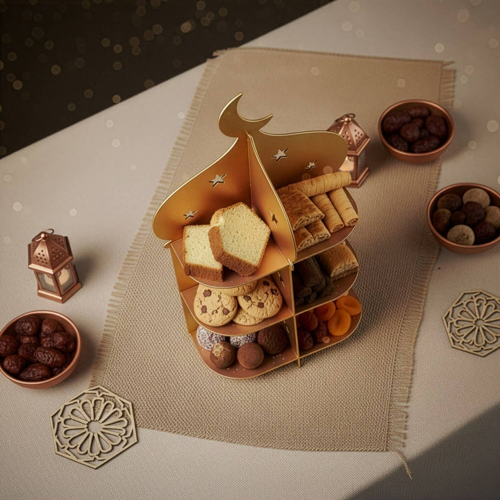 Ramazan Metal Sunum Standı – 3 Katlı Minare Tasarım İftariyelik Tabağı