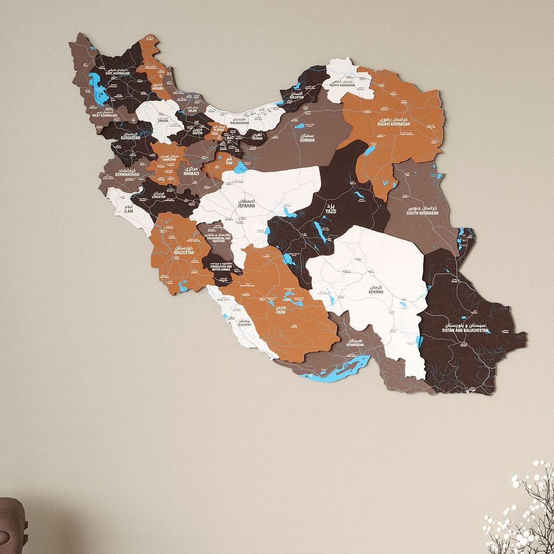 İran Haritası Ahşap Duvar Dekoru - UV Baskılı Çok Katmanlı Tasarım