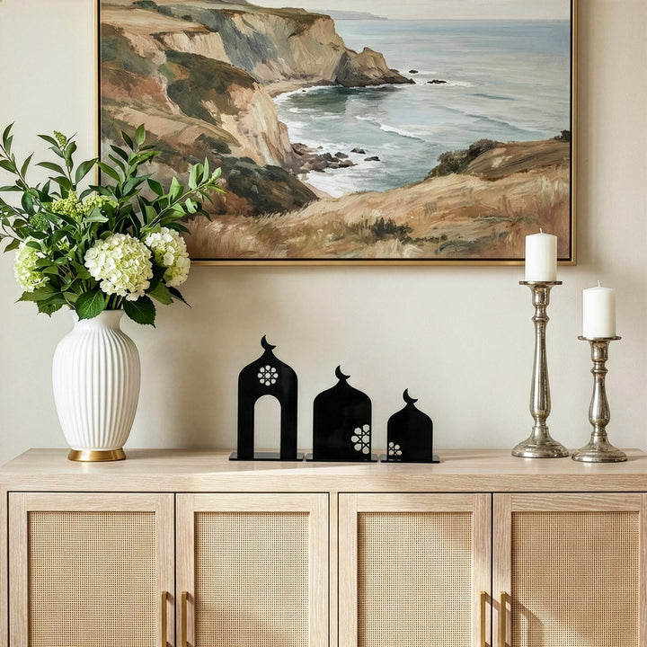 islami masa ustu siyah akrilik cami silueti 3 parca set islamicwallarttr