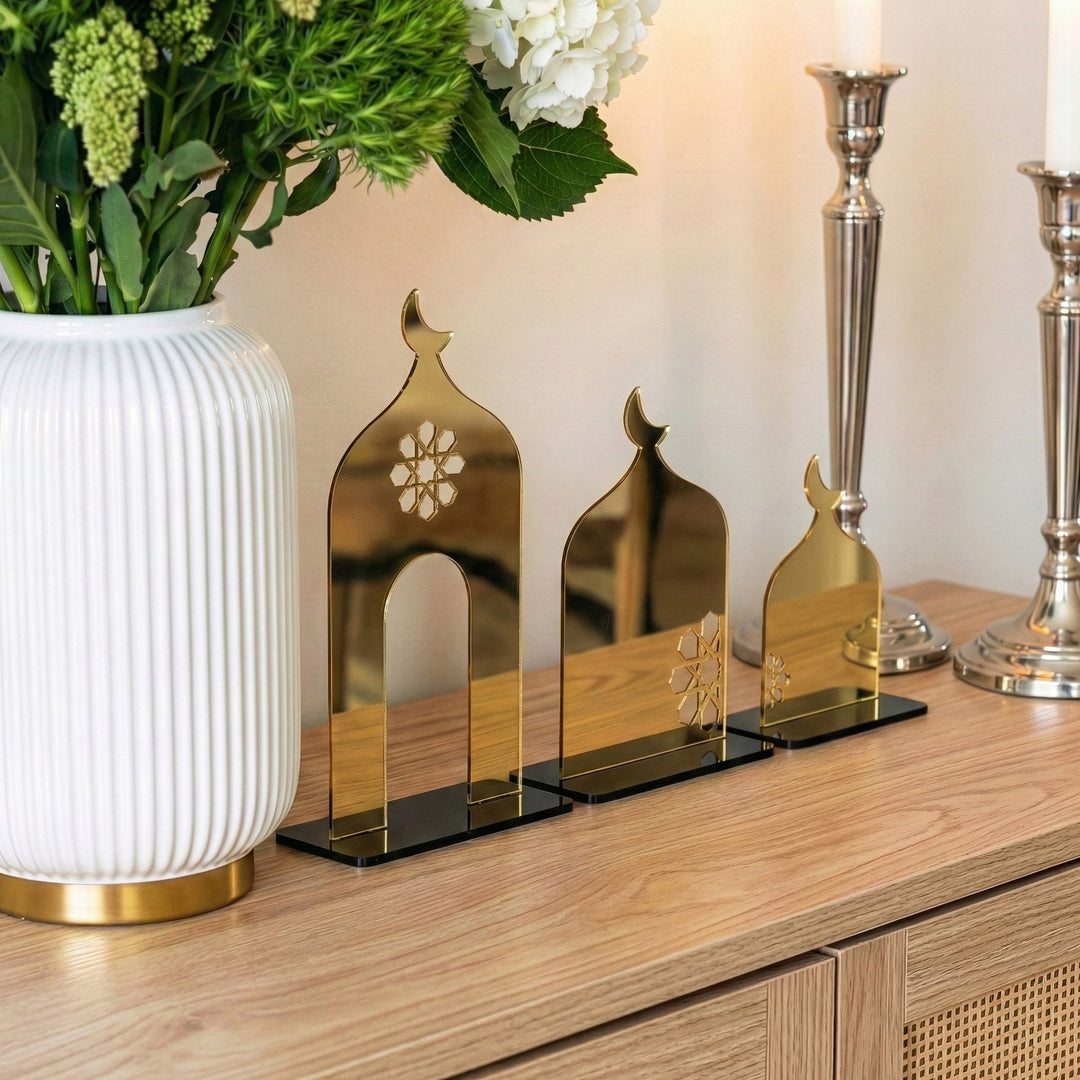 İslami Masaüstü Akrilik Dekor Seti - Modern 3 Parça Cami Silüeti