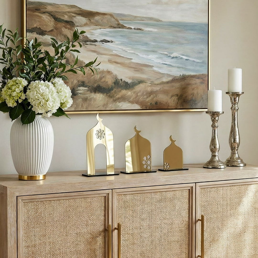 islami masa ustu altin akrilik cami silueti 3 parca set islamicwallarttr