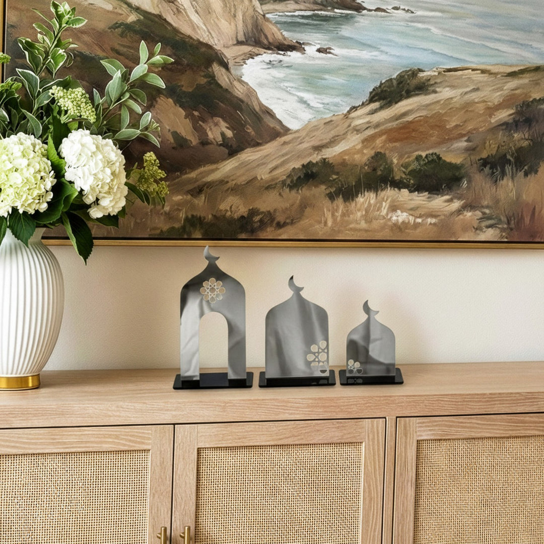 islami masaustu gumus akrilik cami siluetli Ramazan temali 3lu dekor seti islamicwallarttr
