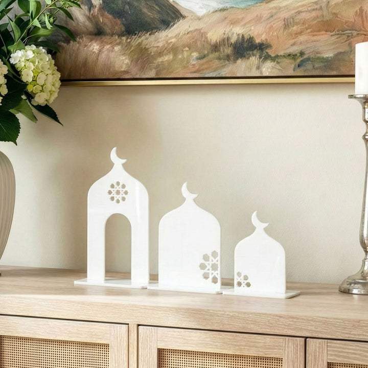 islami masa ustu beyaz akrilik cami silueti 3 parca set islamicwallarttr