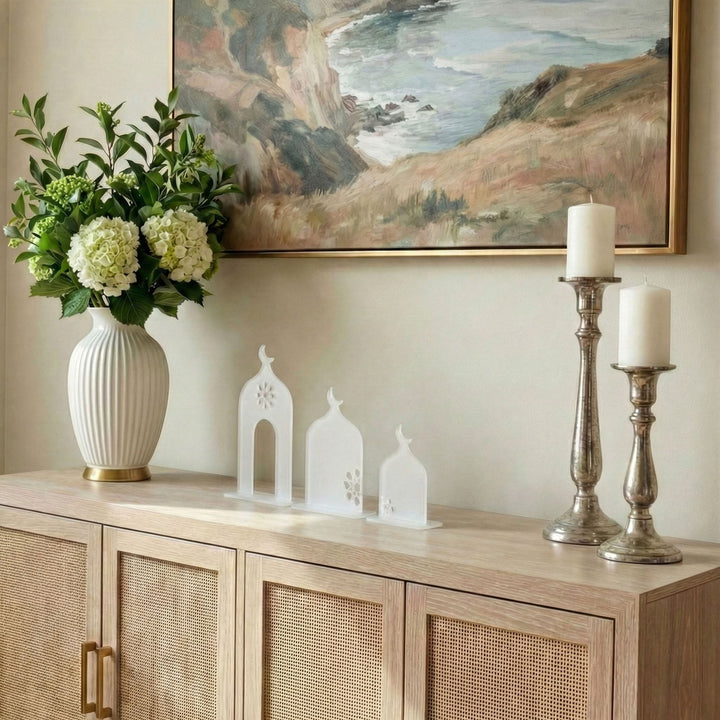 islami masa ustu buzlu beyaz akrilik cami silueti 3 parca set islamicwallarttr