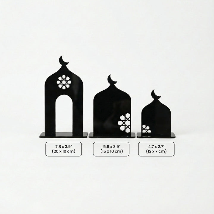 islami masa ustu cami siluetli akrilik dekor 3lu set olculeri 20x10 cm 15x10  cm ve 12x7 cm seklindedir islamicwallarttr