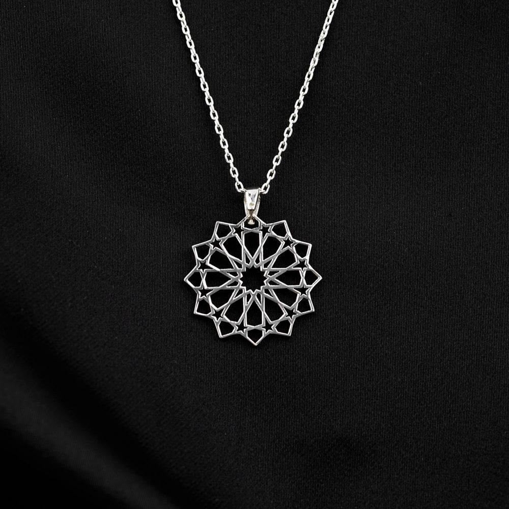 islami geometrik kolye çiçek ve yildiz motifli gumus kolye islamicwallarttr
