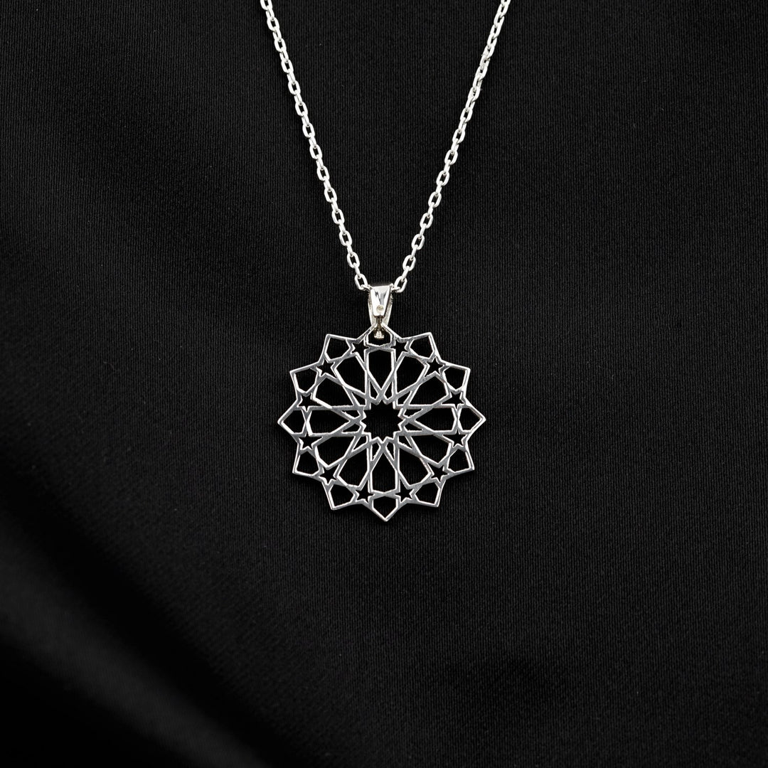 islami geometrik kolye çiçek ve yildiz motifli gumus kolye islamicwallarttr