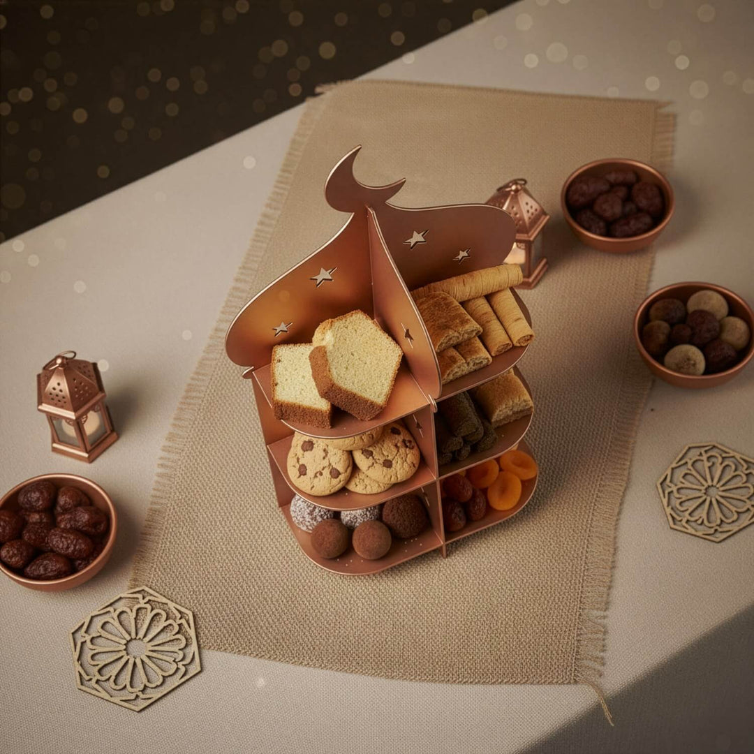 Ramazan Metal Sunum Standı – 3 Katlı Minare Tasarım İftariyelik Tabağı