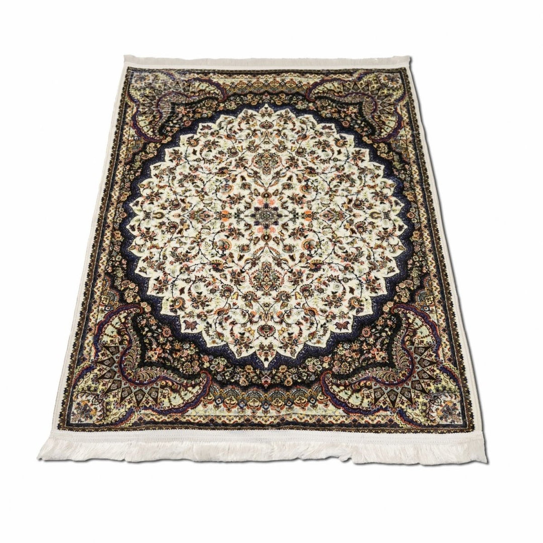 Bej siyah vintage çiçek desenli seccade düz serili, açılı görünüm