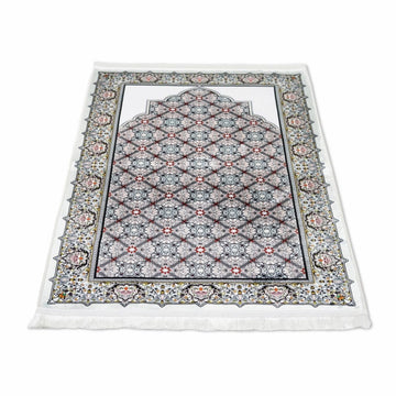 Gri kırmızı geometrik desenli seccade düz serili, açılı görünüm