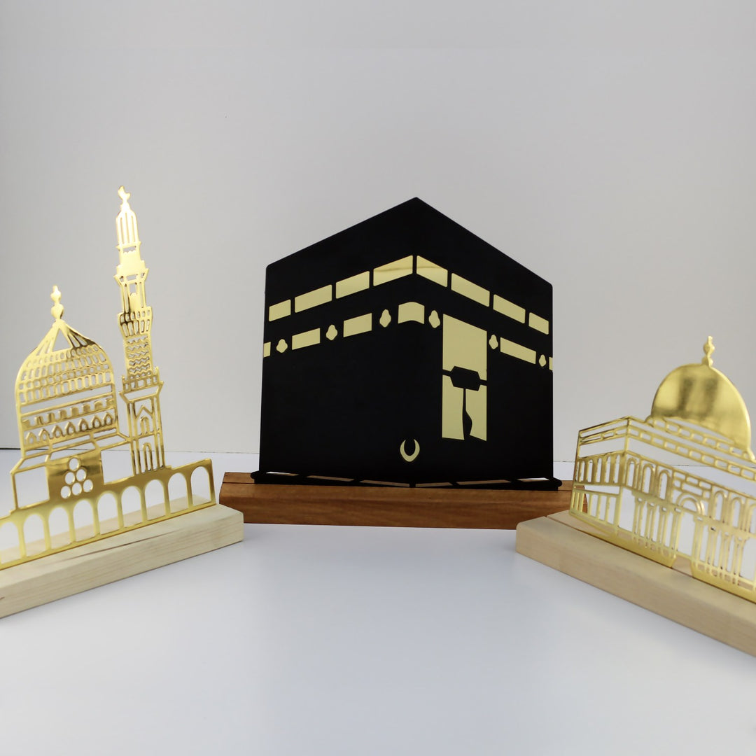 Kabe, Mescid-i Aksa ve Mescid-i Nebevi ahşap standlı metal dekor seti, 3'lü set önden görünüm
