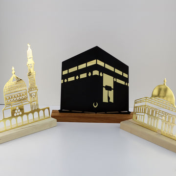 Kabe, Mescid-i Aksa ve Mescid-i Nebevi ahşap standlı metal dekor seti, 3'lü set önden görünüm
