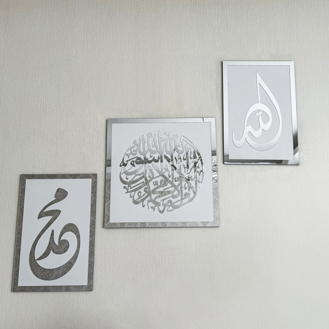 Beyaz üzeri gümüş Kelime-i Tevhid, Allah ve Muhammed lafızlı üçlü ahşap akrilik set, açık duvarda