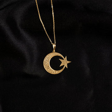Kelime-i Tevhid ay yıldız kolye, 18 ayar altın kaplama, zincirli