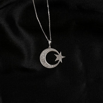 Kelime-i Tevhid ay yıldız kolye, 925 ayar gümüş, zincirli