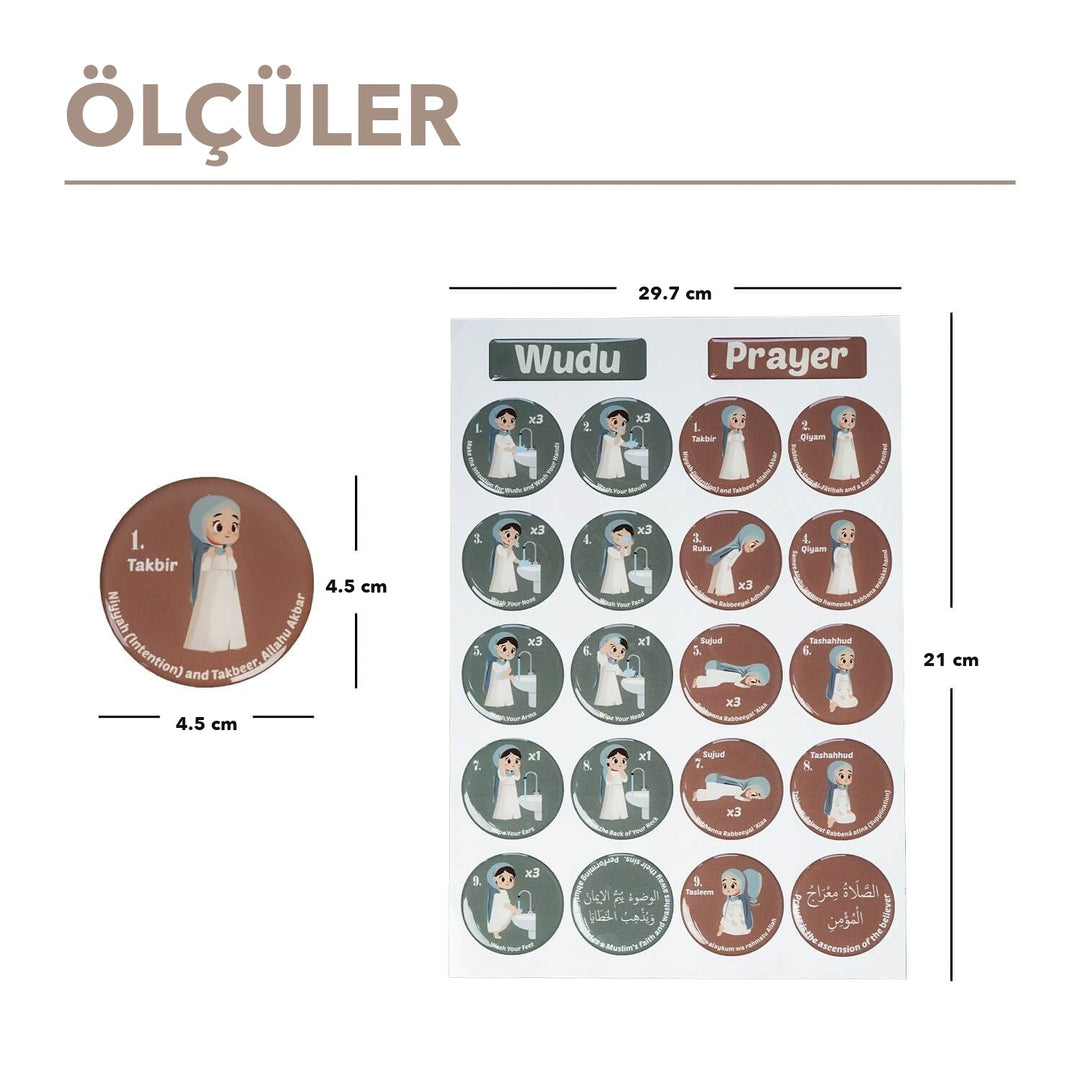 Kızlar için abdest ve namaz sticker seti ölçüleri: 29,7 x 21 cm sayfa, 4,5 cm yuvarlak etiket