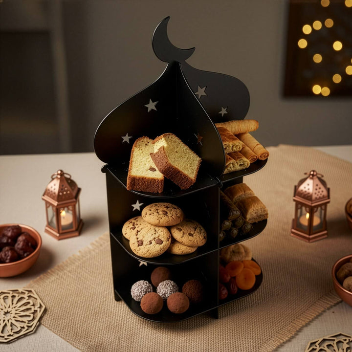 Ramazan Metal Sunum Standı – 3 Katlı Minare Tasarım İftariyelik Tabağı