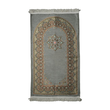 Mihrap desenli şönil seccade, Gri, beyaz fonda tam görünüm, kısa kenarlarda püskül