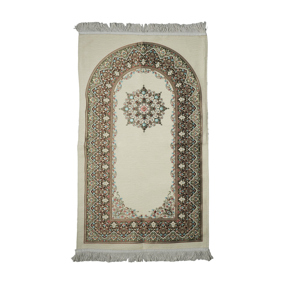 Mihrap desenli şönil seccade, Krem, beyaz fonda tam görünüm, kısa kenarlarda püskül