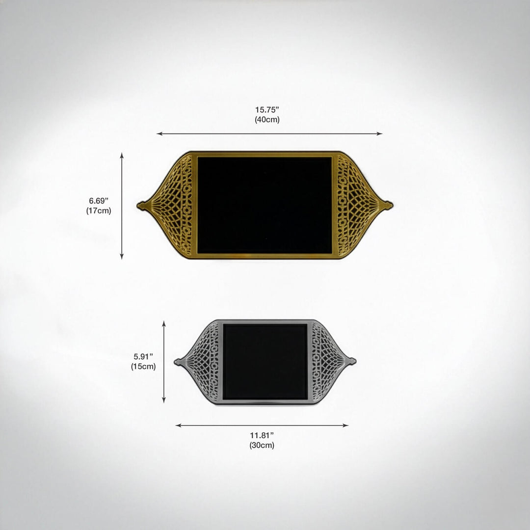 mihrap tasarimli pleksi islemeli akrilik tepsinin 40x17 cm ve 30x15 cm olmak uzere 2 olcusu bulunur islamicwallarttr