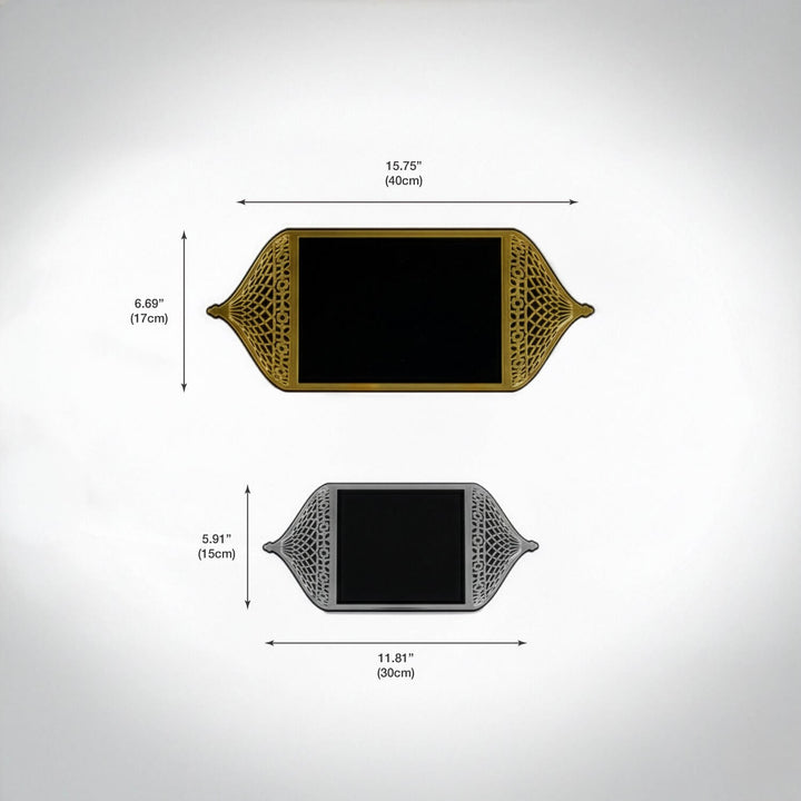 mihrap tasarimli pleksi islemeli akrilik tepsinin 40x17 cm ve 30x15 cm olmak uzere 2 olcusu bulunur islamicwallarttr