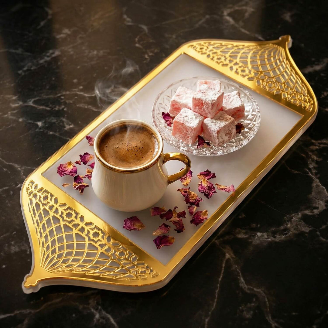 altin pleksi islemeli buzlu akrilik tepsi iki yanindaki mihrap tasarimla ramazan sunumlari icin ideal islamicwallarttr