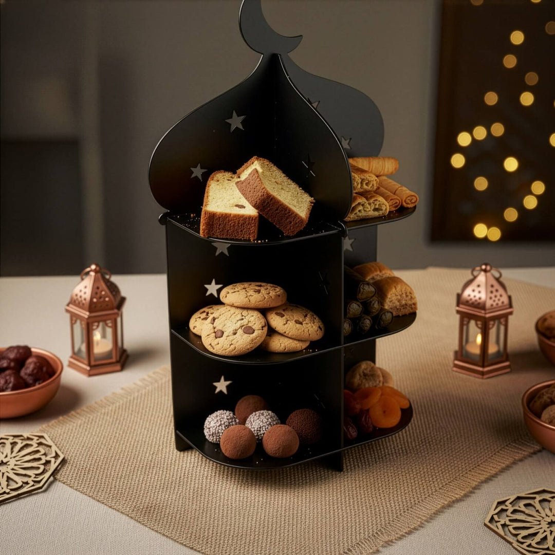 Ramazan Metal Sunum Standı – 3 Katlı Minare Tasarım İftariyelik Tabağı
