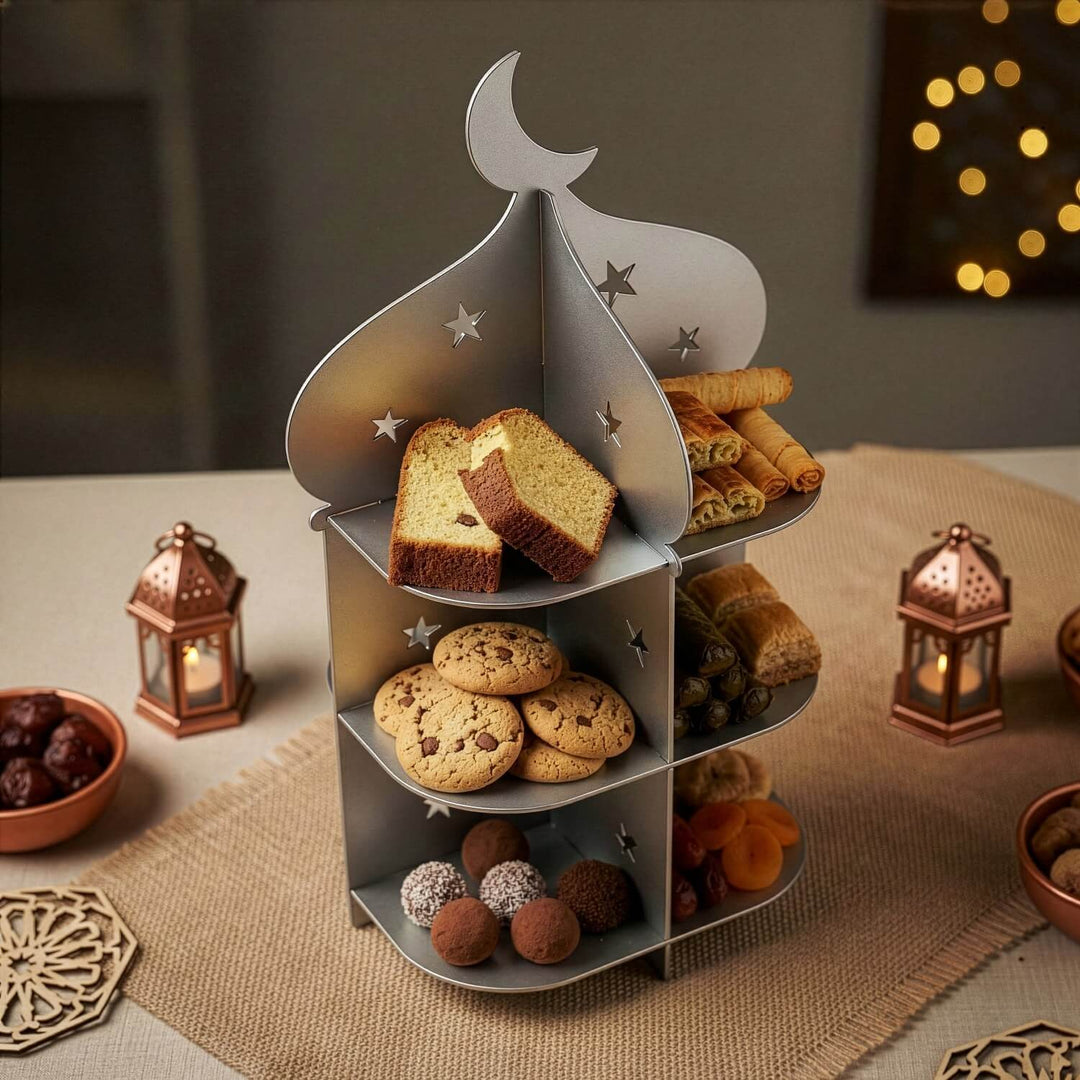 Ramazan Metal Sunum Standı – 3 Katlı Minare Tasarım İftariyelik Tabağı