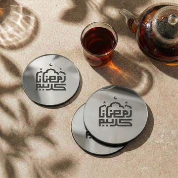 Kufi Hat Ramazan Kerim yazılı gümüş ayna akrilik bardak altlıkları, cami silüetli tasarım