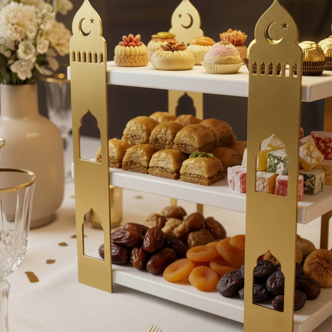 mihrap tasarimli beyaz ahsap rafli altin rengi metal sunum standi islamicwallarttr