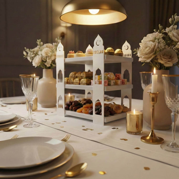 mihrap tasarim iftariyelikler icin beyaz raflı metal sunumluk islamicwallarttr