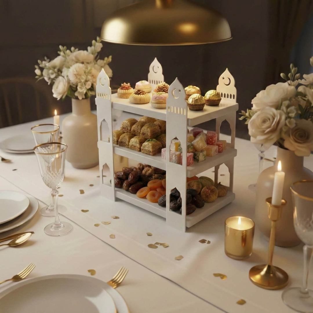 mihrap tasarim iftariyelikler icin beyaz raflı beyaz metal sunumluk islamicwallarttr