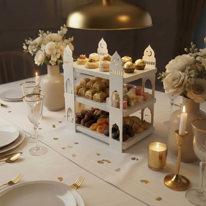 mihrap tasarim iftariyelikler icin beyaz raflı beyaz metal sunumluk islamicwallarttr