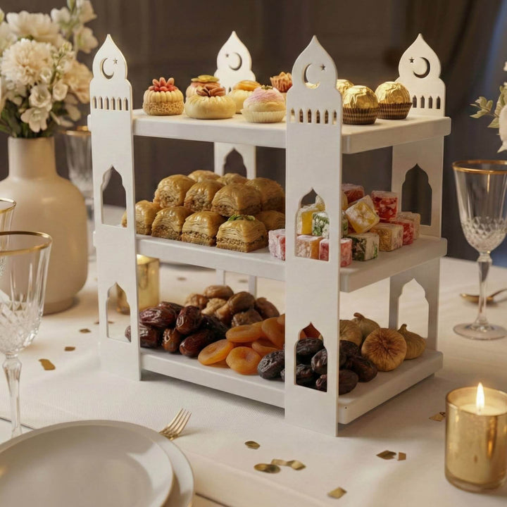 iftariyelikler icin mihrap tasarim beyaz raflı metal sunumluk islamicwallarttr