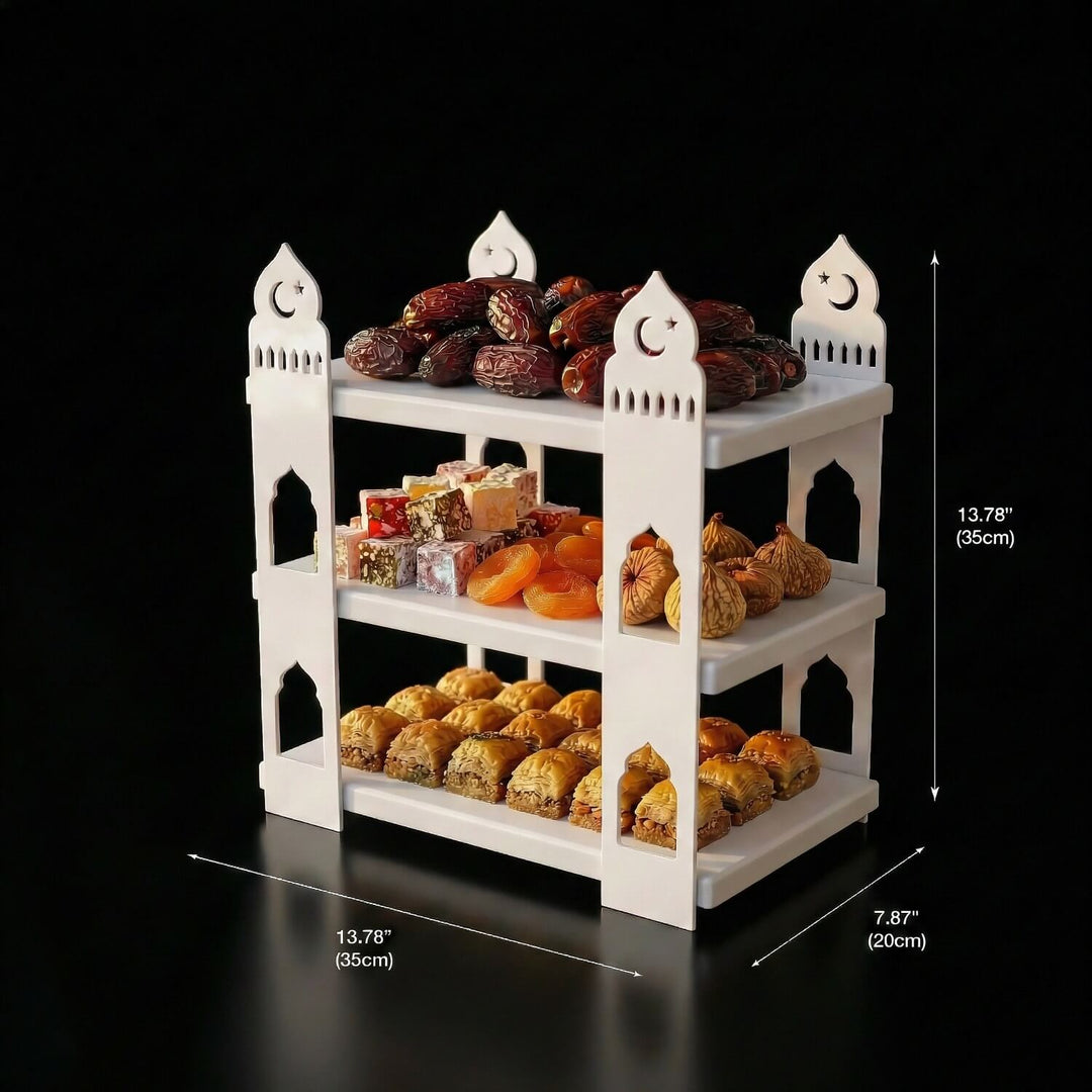 3 katli ahsap rafli metal servis standı 35 cm yuksekliginde ve eninde 20 cm derinligindedir islamicwallarttr