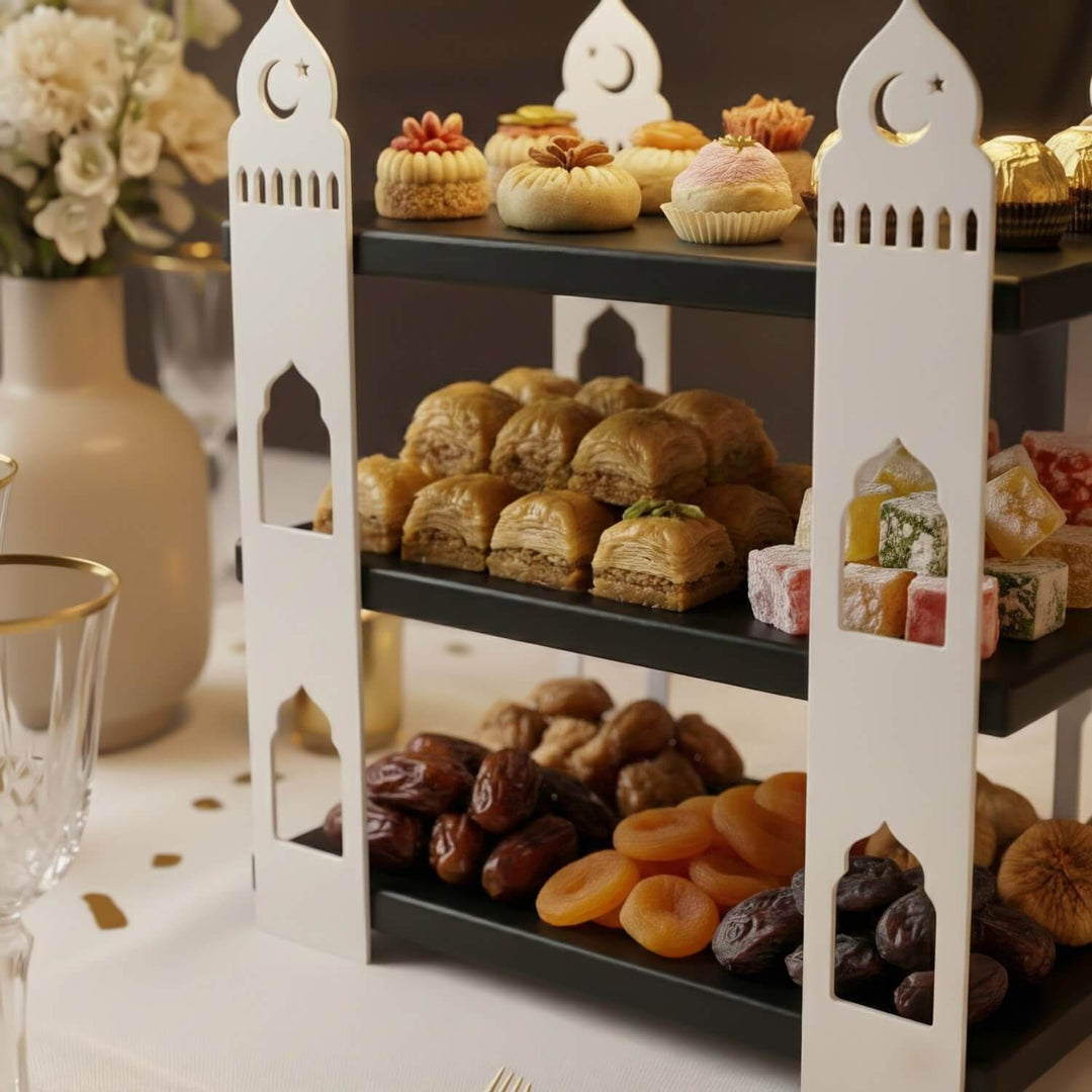 mihrap tasarim iftariyelikler icin siyah raflı beyaz metal sunumluk islamicwallarttr