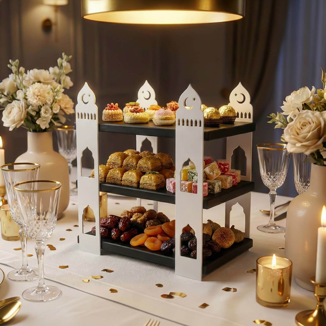 iftariyelikler icin mihrap tasarim siyah raflı beyaz metal sunumluk islamicwallarttr