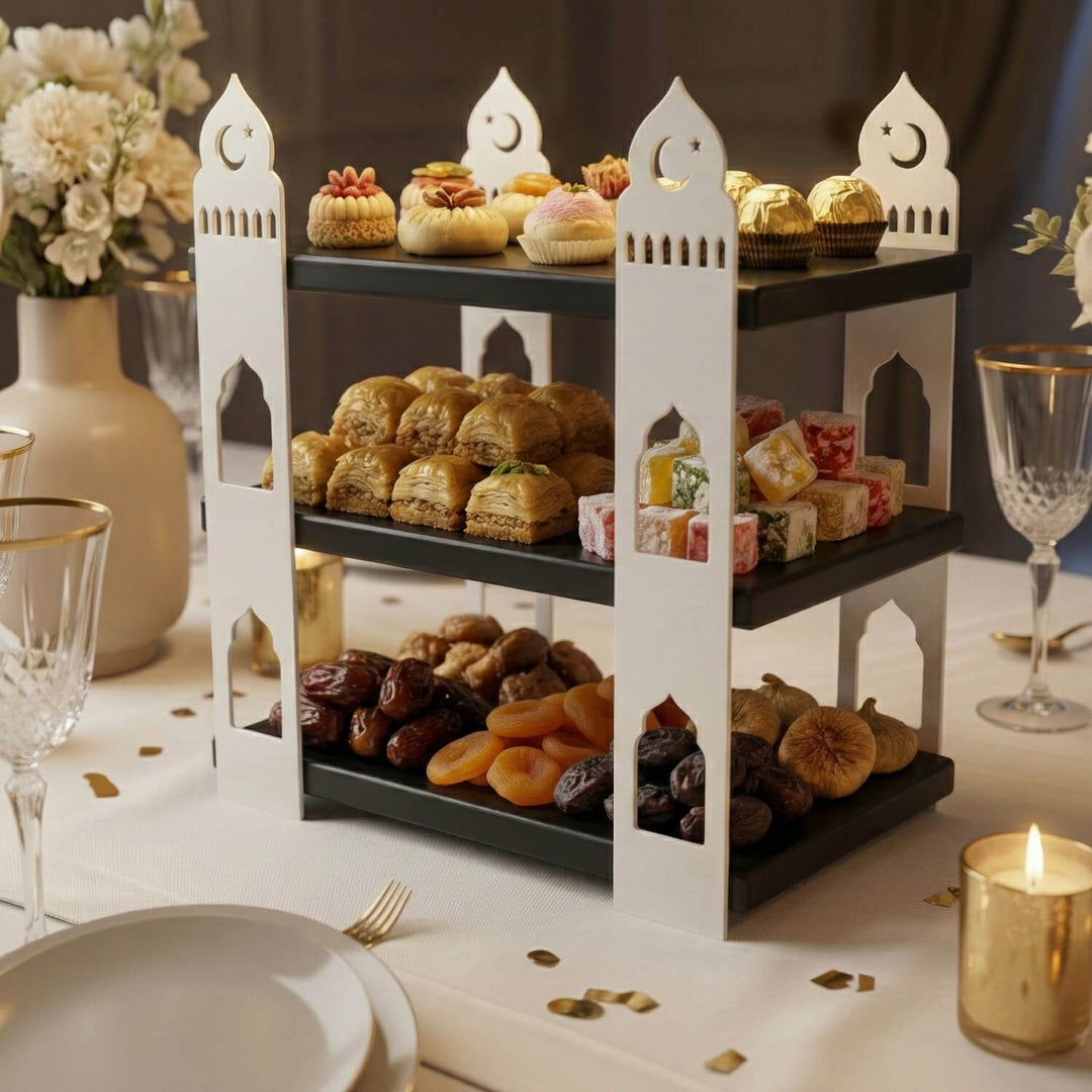 siyah rafli beyaz metal 3 katli sunumluk ramazan sofralarina ozel tasarim islamicwallarttr