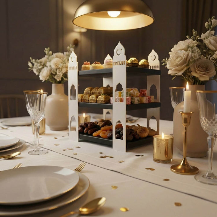 ramazan sofrasi uzerindeki siyah ahşap rafli beyaz metal sunum standi fonksiyonel ve estetik islamicwallarttr