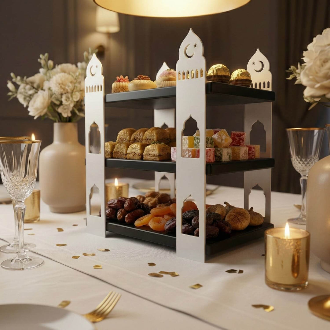 mihrap tasarimli siyah ahsap rafli beyaz metal 3 katli sunum standi islamicwallarttr