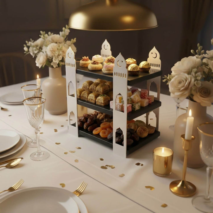 Ramazan temali metal sunumluk, 3 katli ahşap raflar ve zarif minare tasarimiyla ikramliklar için sik ve işlevsel bir dekoratif urun islamicwallarttr