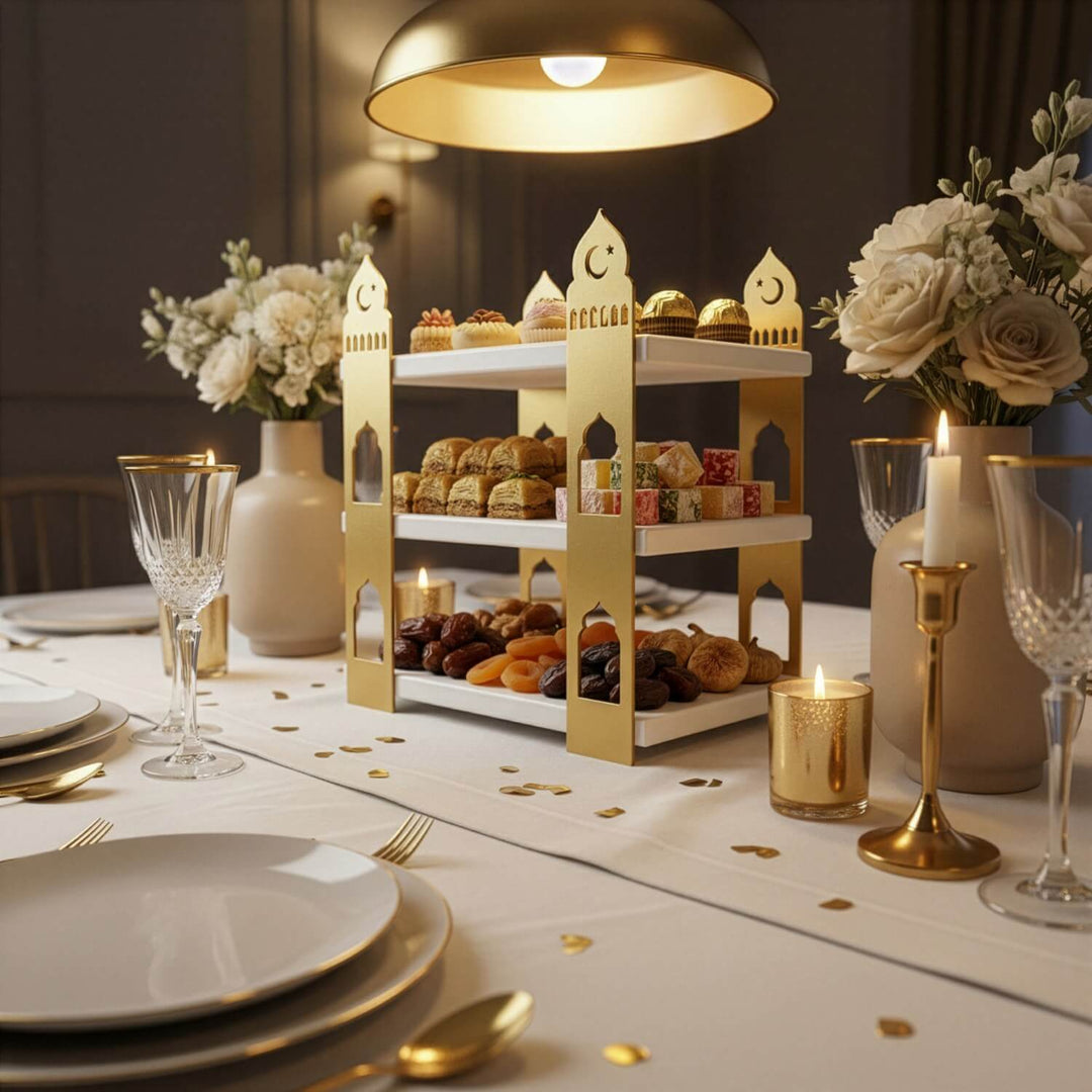 iftariyelikler icin mihrap tasarim beyaz raflı altin rengi metal sunumluk islamicwallarttr