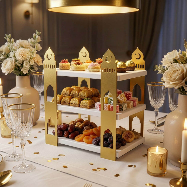 ramazan sofrasi uzerindeki beyaz ahşap rafli altin renk metal sunum standi fonksiyonel ve estetik islamicwallarttr