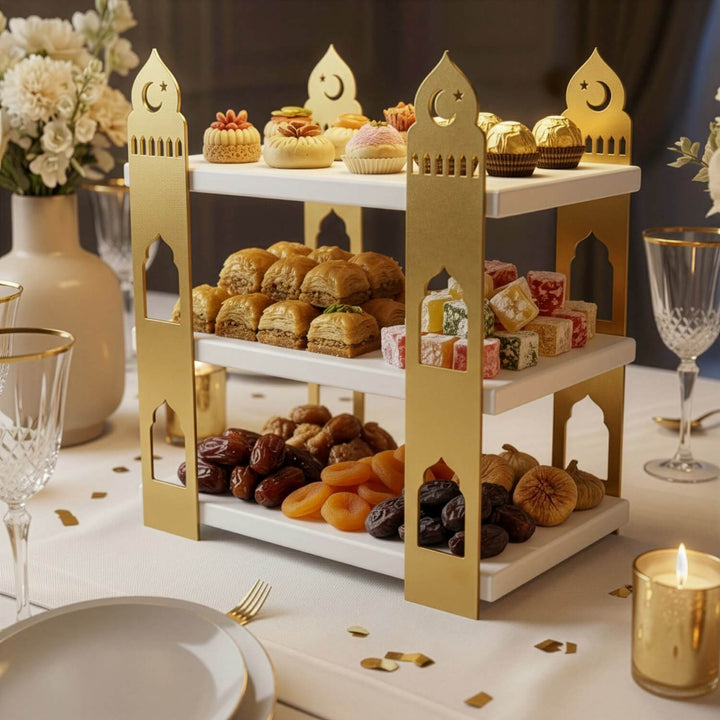 Ahsap rafli metal sunumluk, estetik ve kullanisli tasarimiyla tatlilar, meyveler ve diger Ramazan ikramlarini sunmak icin mukemmel bir tercih islamicwallarttr