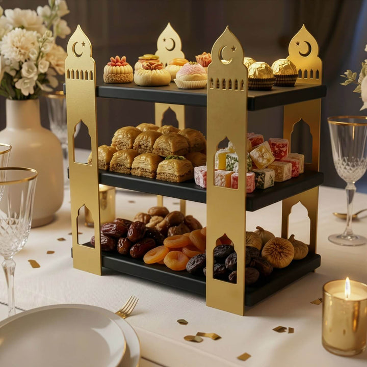 iftariyelikler icin mihrap tasarim siyah raflı altin rengi metal sunumluk islamicwallarttr